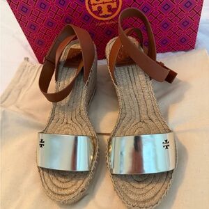 Tory Burch Metallic gold Espadrille Wedge Sandals tan leather strap
